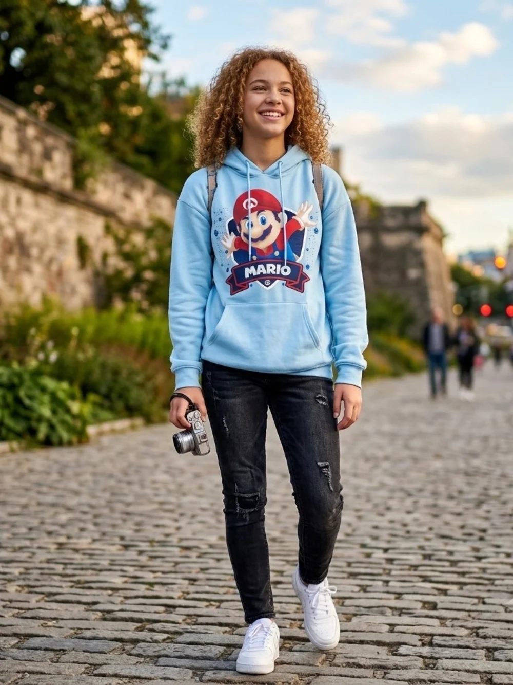Super Mario Mario Light Blue Hooded Pullover Hoodie Sweatshirt M 